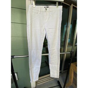 Vintage BEBE Y2K Rhinestone Stripes Down The Sides White Stretch Jeans Size 26